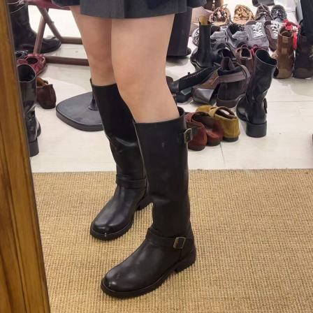 MFX 全牛皮手工筒靴子圆头复古骑士靴韩版西部牛仔靴百搭 9-326