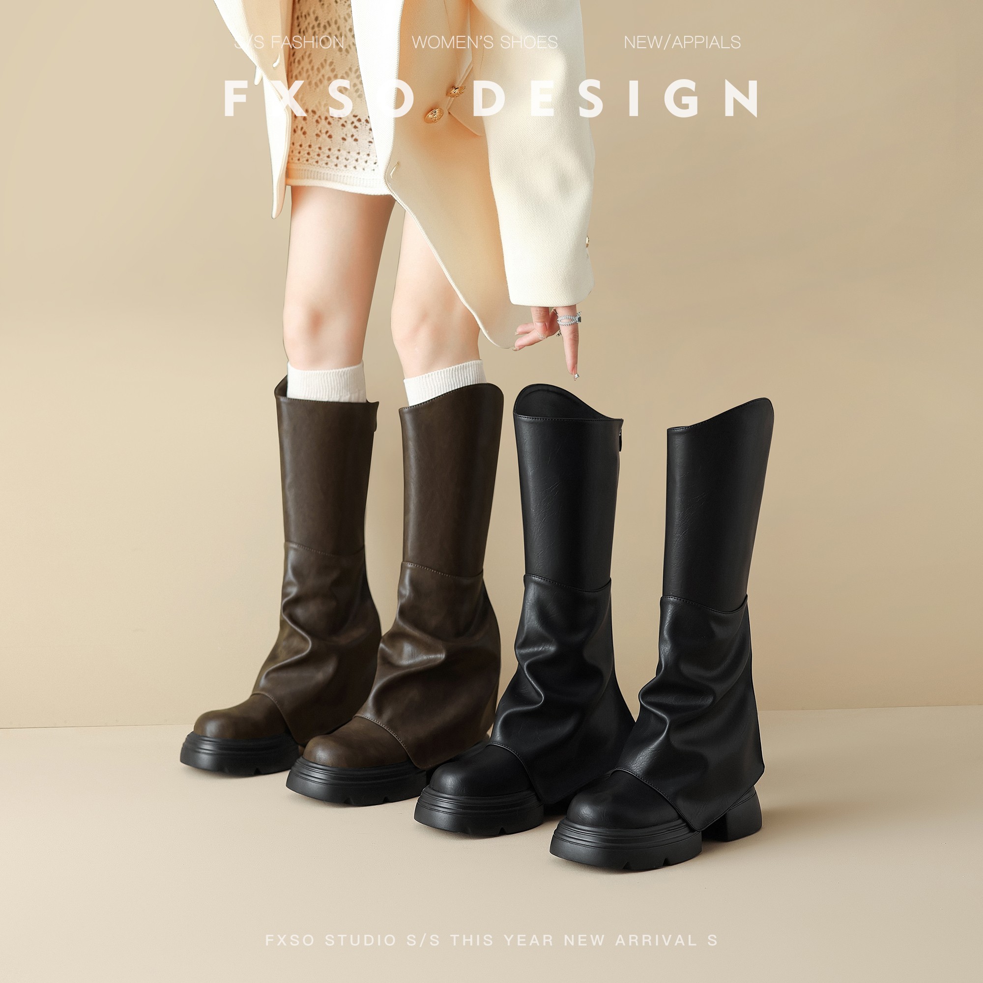 真皮方巷2025秋冬新款长筒靴英伦风斜口裤管靴女爆款厚底高筒靴子主图