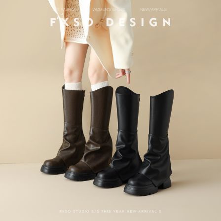 真皮方巷2025秋冬新款长筒靴英伦风斜口裤管靴女爆款厚底高筒靴子