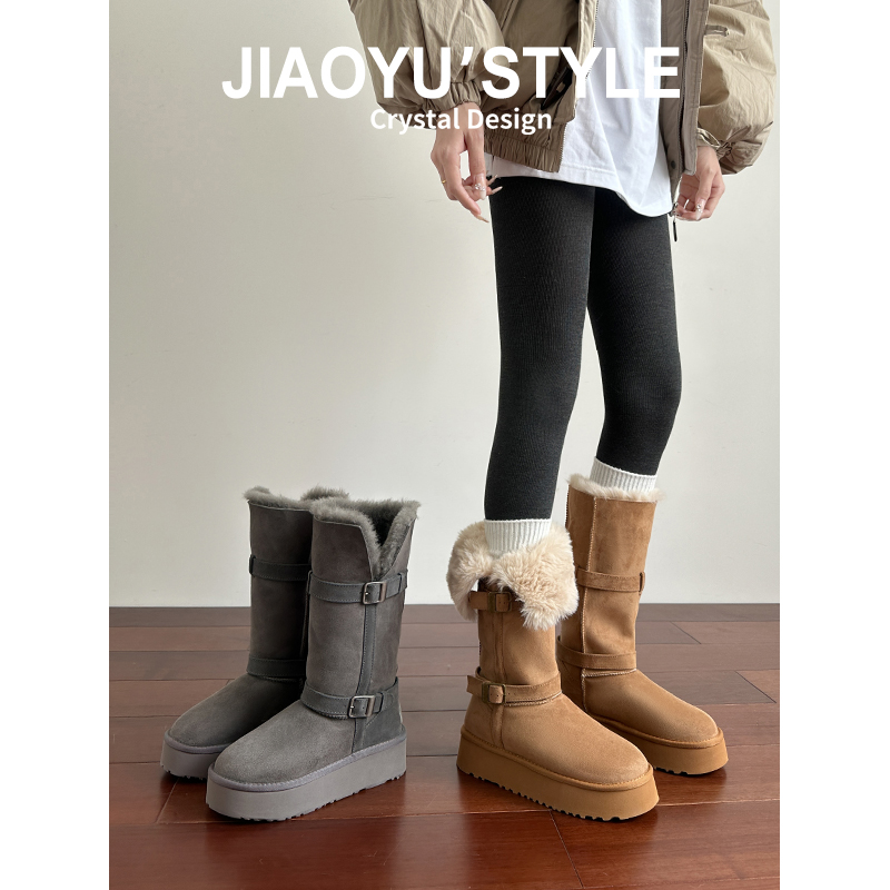 真皮~骄屿厚底增高两穿翻边保暖棉鞋女中长筒短靴灰色两穿雪地靴主图