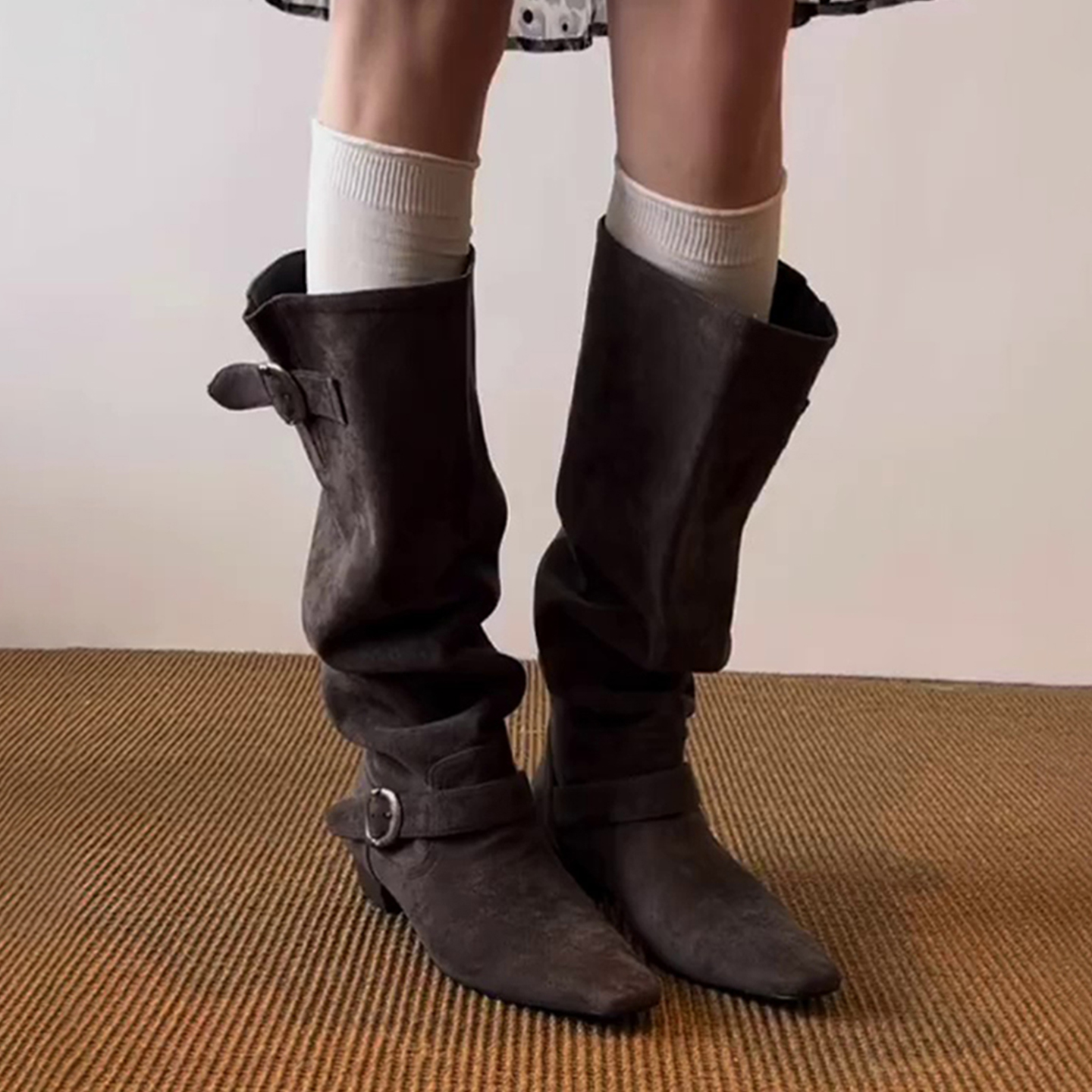 羊皮版~复古方头大筒围堆堆靴女显瘦皮带扣骑士靴不过膝粗跟长靴主图