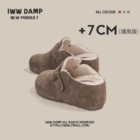 IWW厚底增高7cm冬季加绒勃肯鞋女2025新款保暖毛毛茸茸包头半拖鞋