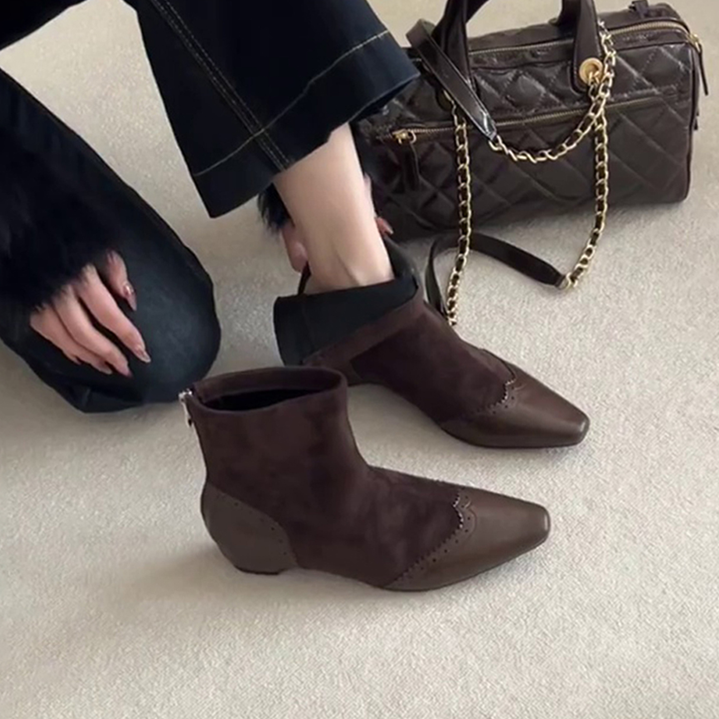 羊皮版~方头复古拼接内增高弹力瘦瘦靴百搭气质绒面后拉链短靴女主图