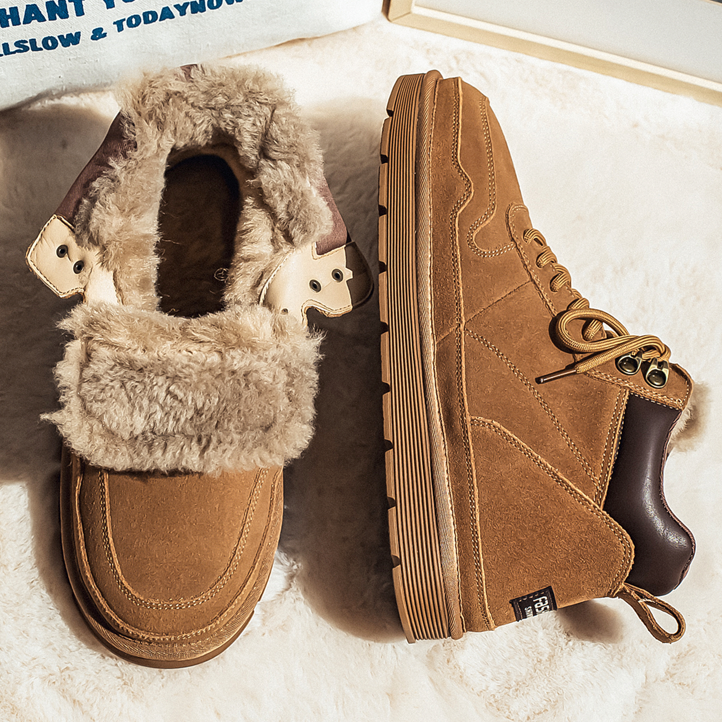 羊毛雪地靴男抗寒保暖户外防滑真皮潮冬季加绒加厚东北高帮大棉鞋主图