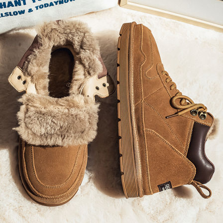 羊毛雪地靴男抗寒保暖户外防滑真皮潮冬季加绒加厚东北高帮大棉鞋