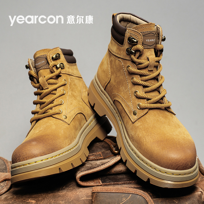 意尔康马丁靴男士2025新款冬季加绒棉高帮真皮户外登山防滑大黄靴主图