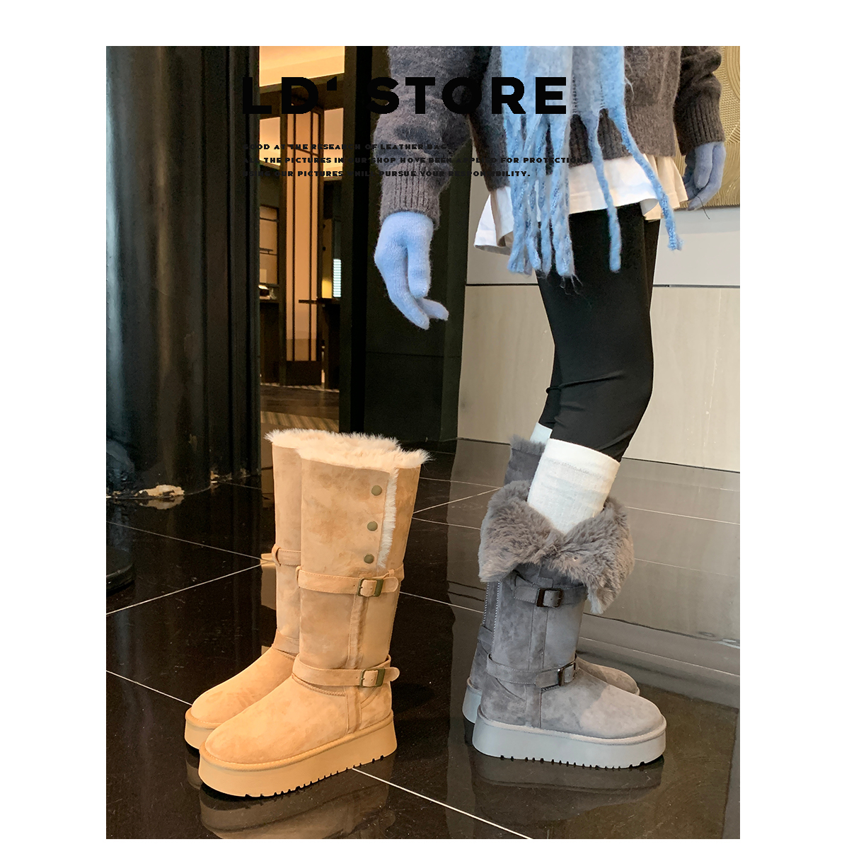 厚底灰色长筒雪地靴女2025冬新款加绒加厚两穿高筒东北保暖棉鞋靴主图