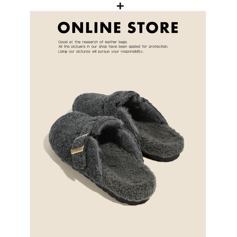 保暖加绒~厚底勃肯鞋女2025新款秋冬毛毛鞋棉鞋百搭懒人包头半拖主图