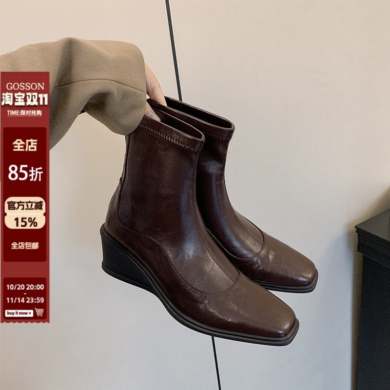 戈森定制复古方头靴子短靴女2025新后拉链坡跟百搭显瘦弹力瘦瘦靴主图