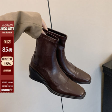 戈森定制复古方头靴子短靴女2025新后拉链坡跟百搭显瘦弹力瘦瘦靴