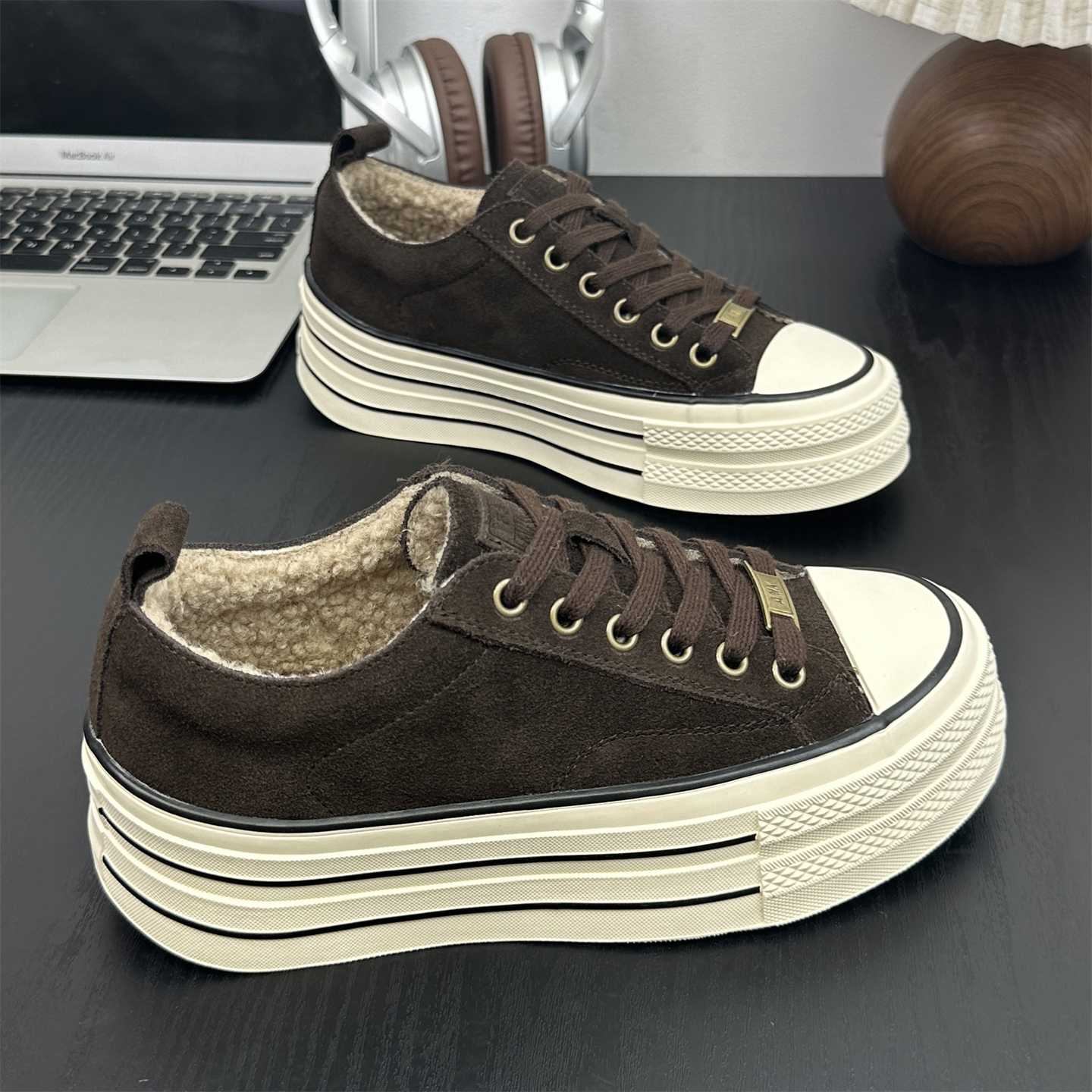 真皮厚底防滑系带板鞋女2025冬季新款加绒保暖圆头百搭运动休闲鞋主图