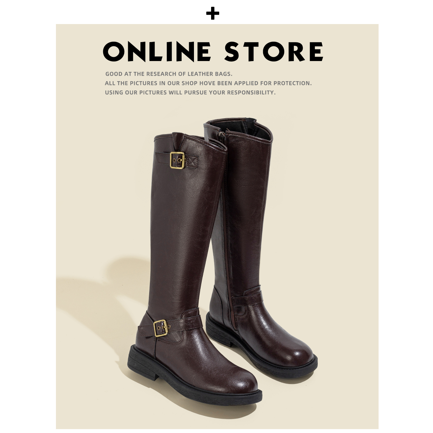 真皮版！美拉德棕色长筒靴女冬季2025新款皮带扣复古高筒骑士长靴主图
