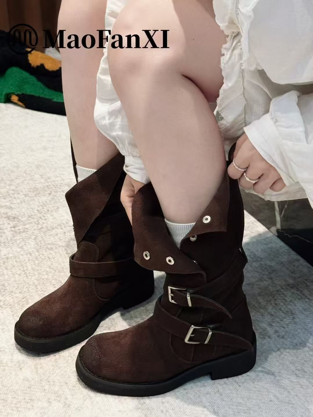 MFX 真皮女鞋圆头粗跟中筒靴女长靴女靴子韩系堆堆靴88-0031主图