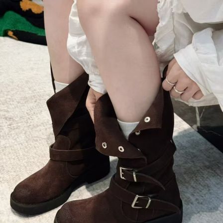 MFX 真皮女鞋圆头粗跟中筒靴女长靴女靴子韩系堆堆靴88-0031