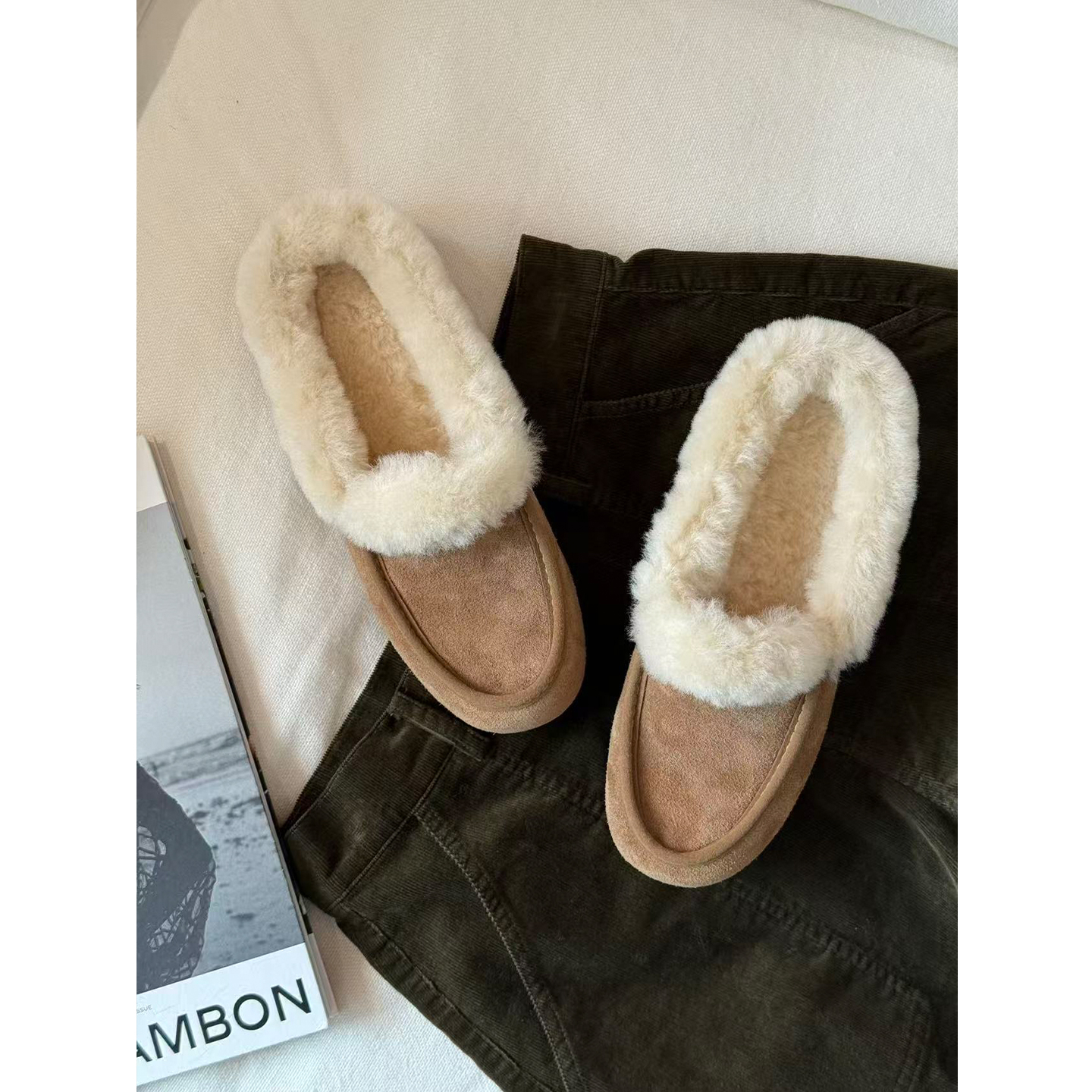 靠谱KEEPKAPU【暖冬私藏】牛反绒保暖羊毛防滑咖色低帮雪地靴女冬主图