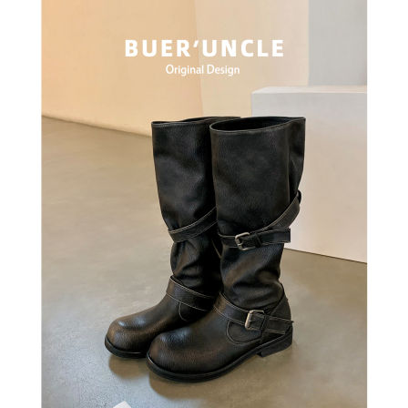 真皮~不二鞋坊长筒靴美拉德2025秋冬新款复古褶皱厚底骑士长靴女