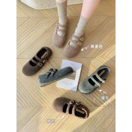 葡萄妈studiolee增高3.5cm~ 圆头双扣带勃肯毛呢玛丽珍毛毛单鞋女