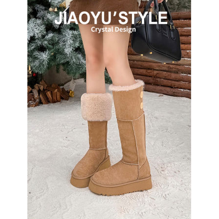 真皮~骄屿东北加厚两穿过膝雪地靴女2025新款防滑加绒棉鞋长筒靴