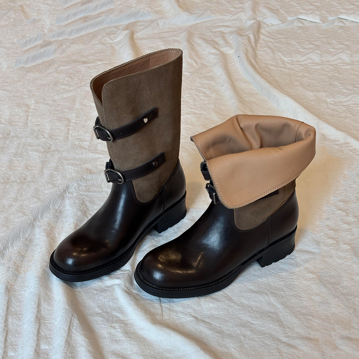 牛皮版~英伦风时髦真皮拼接显瘦骑士靴女皮带扣粗跟复古中筒靴子主图