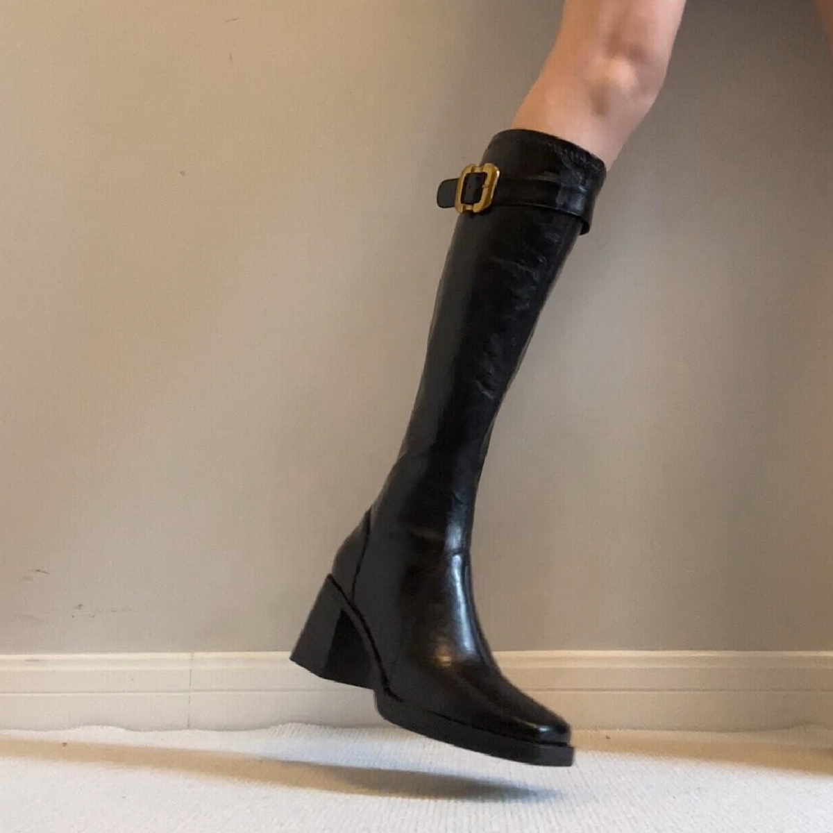 牛皮版~英伦风显瘦直高跟瘦瘦靴女百搭方头皮带扣气质后拉链长靴主图