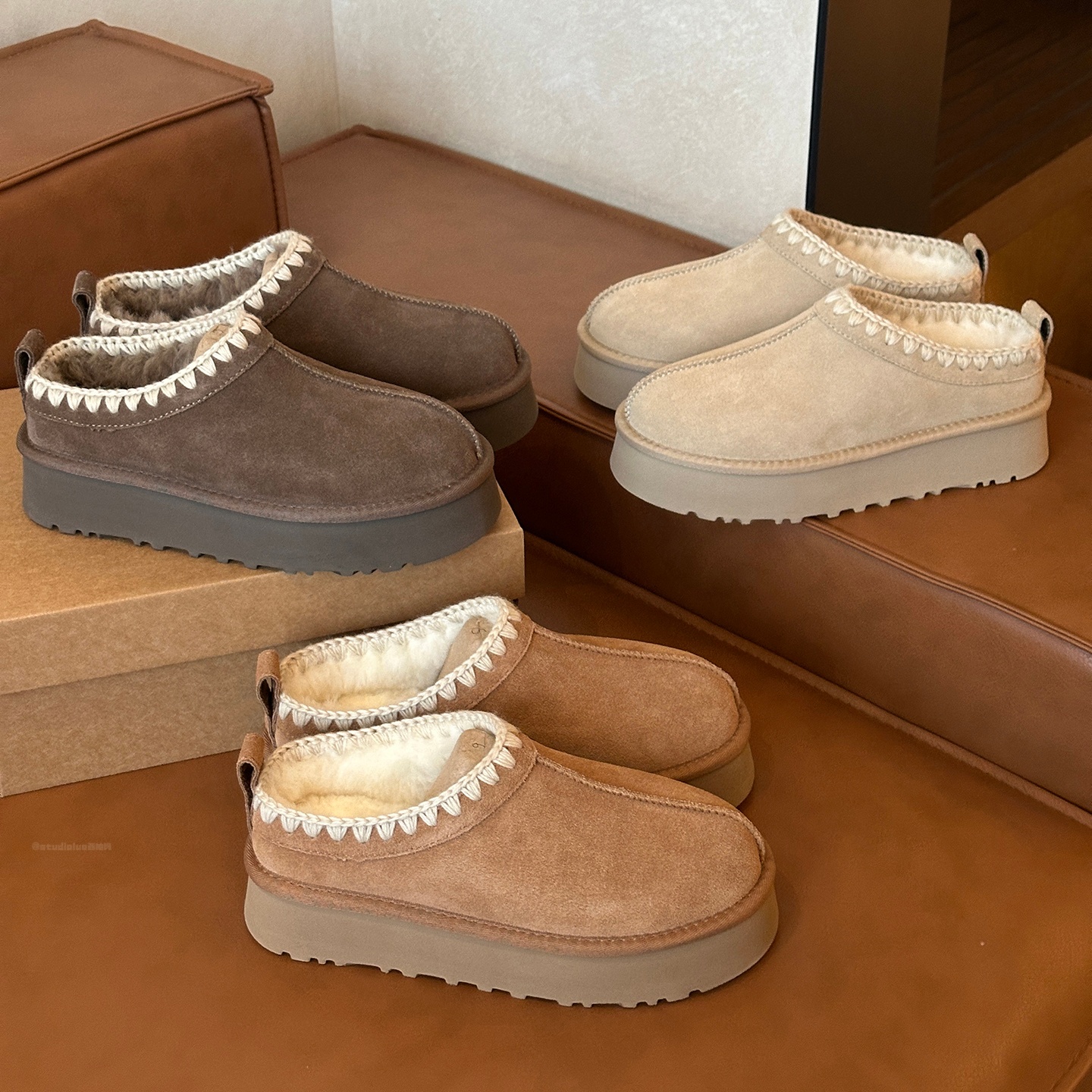 香港桑坡休闲厚底雪地靴女2025秋冬新款外穿真皮毛线编织加绒棉鞋主图