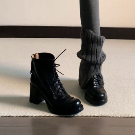 牛皮版~复古圆头英伦风高跟马丁靴显瘦粗跟系带短靴后拉链瘦瘦靴