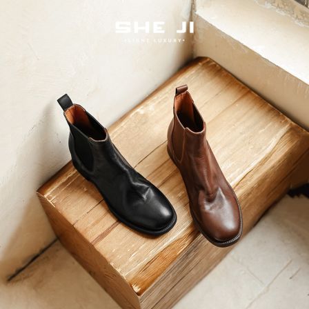 SHEJI奢季 重工水洗马皮古着风切尔西女靴