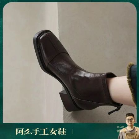 阿么手工女鞋软底方头瘦瘦靴新款高级感短靴女款2025新款爆款6CM
