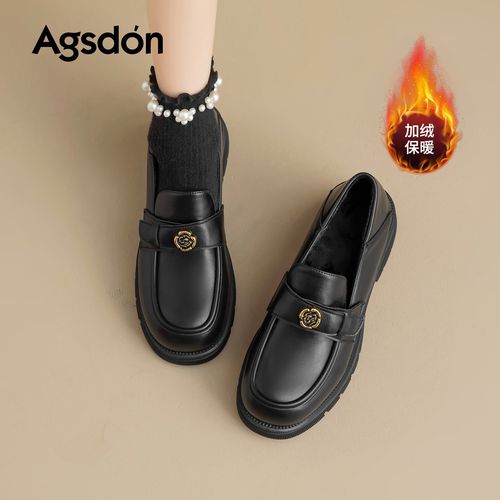 【奥古狮登】乐福鞋女厚底5.5CM英伦风加绒小皮鞋P553582+R553582AA主图