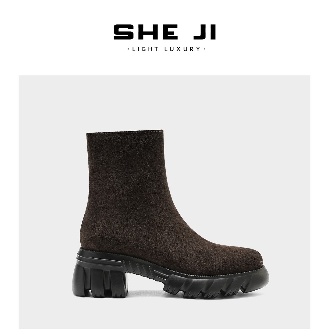 SHEJI奢季 头层牛皮冬季加绒保暖增高百搭女短靴主图