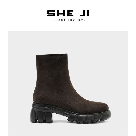 SHEJI奢季 头层牛皮冬季加绒保暖增高百搭女短靴