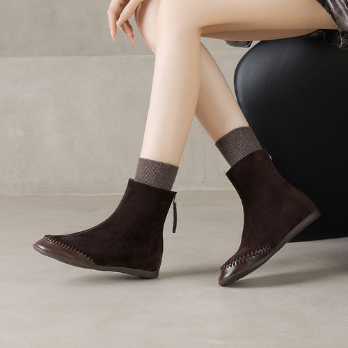 【NICESEE】2cm,2025秋冬新款高级感超平底真皮磨砂短靴女切尔西靴主图