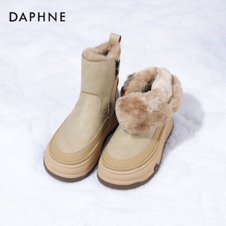 达芙妮真皮兔毛内里雪地靴女25新冬季加绒加厚防水防滑百搭马丁靴
