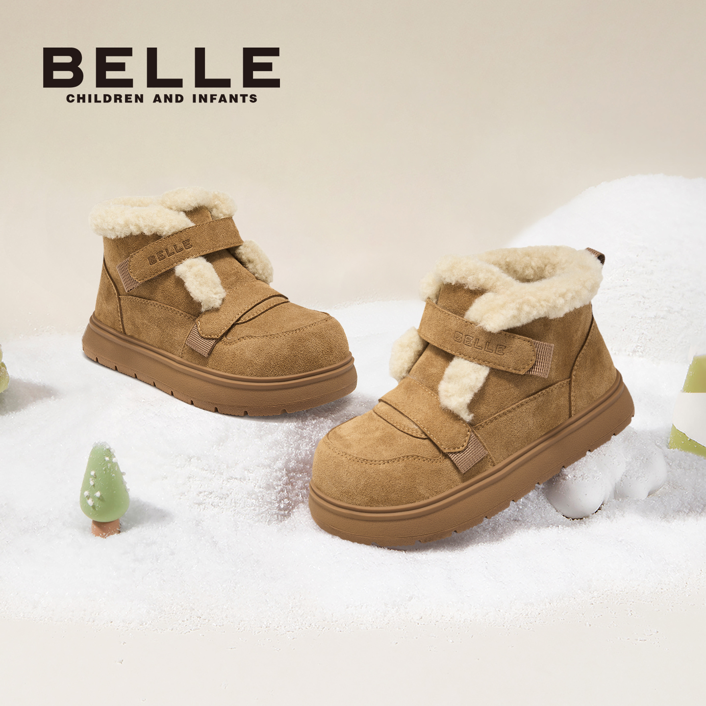 百丽童鞋儿童雪地靴女童短靴冬季新款女孩宝宝加绒保暖户外大棉鞋主图