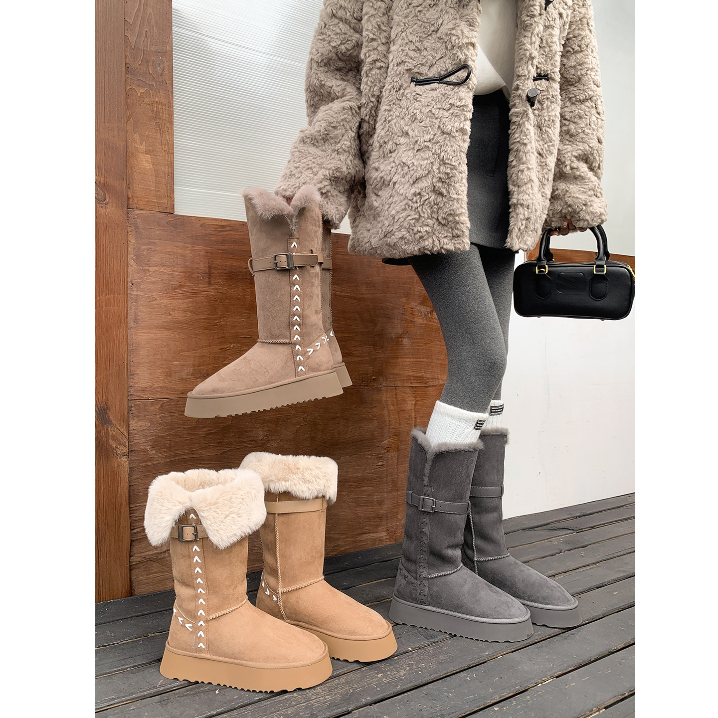 袁圈圈雪地靴女厚底冬季新款加绒加厚保暖棉鞋两穿翻折灰色棉靴女主图