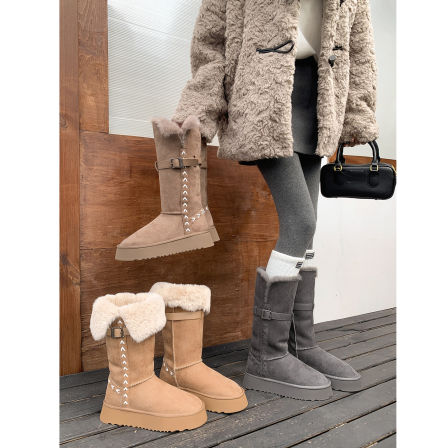 袁圈圈雪地靴女厚底冬季新款加绒加厚保暖棉鞋两穿翻折灰色棉靴女