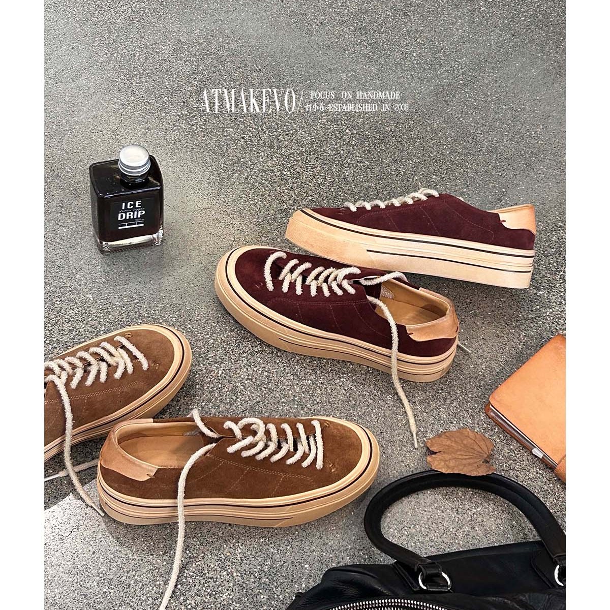 吕小布 | 新中式复古板鞋 秋冬新款高丝光牛反绒真皮运动休闲鞋女主图