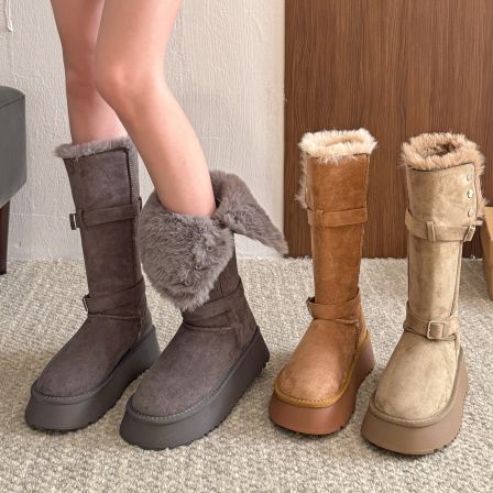 贾不假雪地靴女款2025新款秋冬季加绒保暖棉鞋厚底两穿增高长筒靴