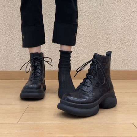 牛皮版~6cm时髦小个子厚底运动马丁靴女英伦风侧拉链系带圆头短靴