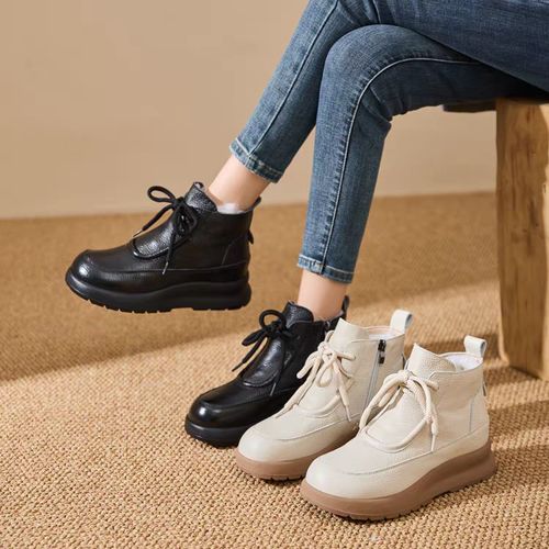 头层牛皮百搭复古皮毛一体厚底女鞋休闲鞋S869主图