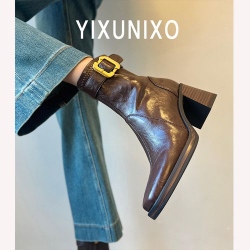 羊皮版~静音底方头高跟短靴女轻奢粗跟瘦瘦靴百搭显瘦新款马丁靴主图