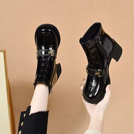 2025圆头秋冬时尚新款真皮马丁英伦切尔西牛皮短靴粗跟高跟鞋加绒