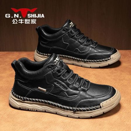 公牛世家冬季男士高帮休闲皮鞋加绒户外男时尚手工软底软面皮鞋男