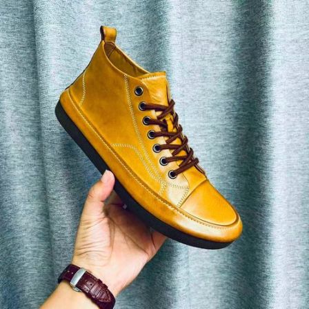 秋季高帮马皮固特异商务复古做旧乐福鞋系带一脚蹬男士休闲鞋