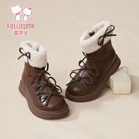 富罗迷儿童靴女童舒适防滑雪地靴时尚洋气百搭加绒中筒皮靴5D9281
