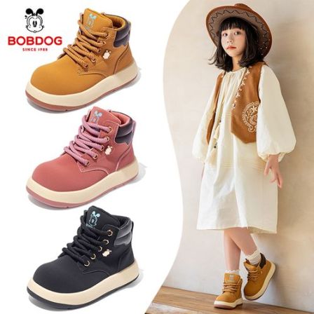 巴布豆童鞋马丁靴冬款二棉大棉加绒防水保暖童鞋女童男童棉鞋户外