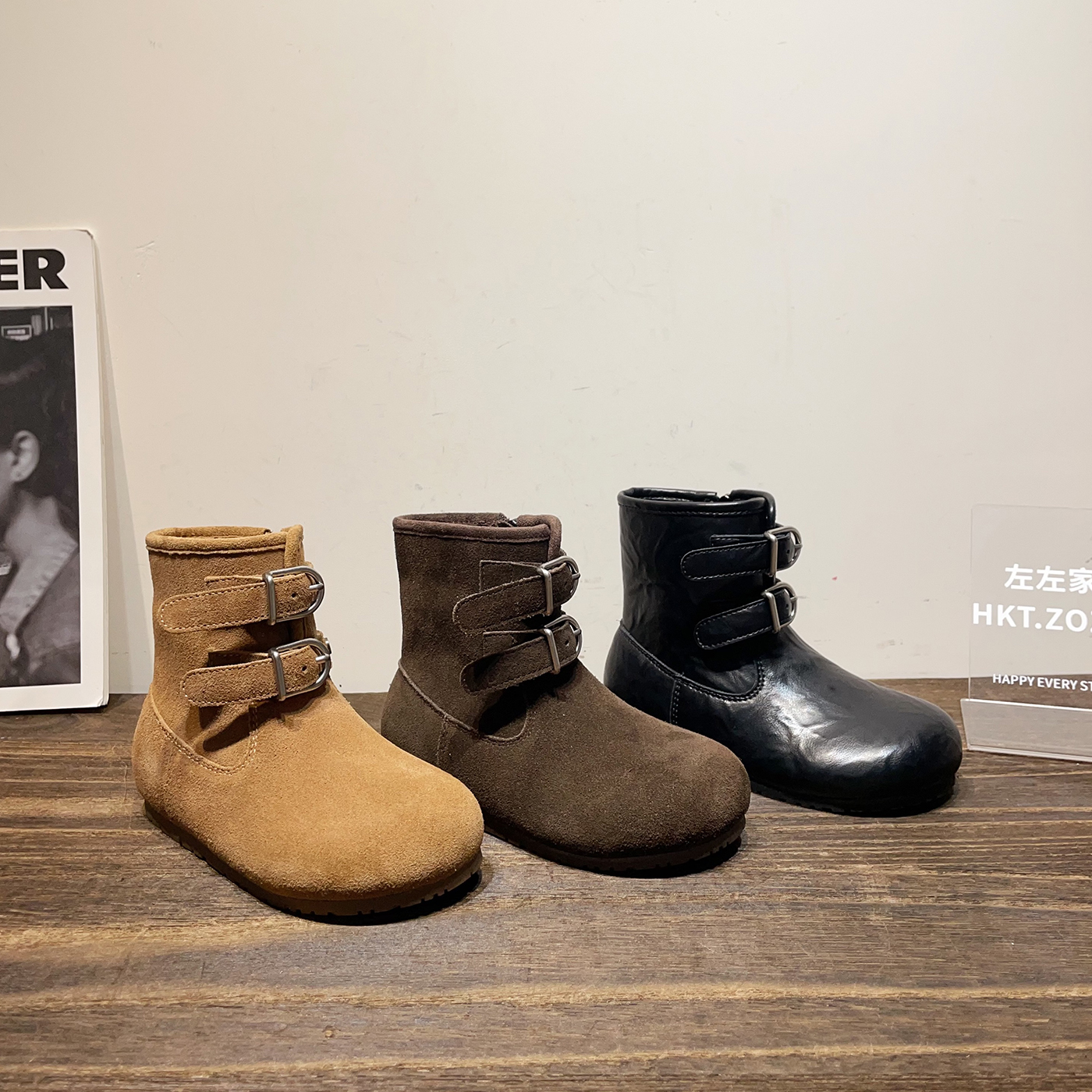 左左家冬季中大童百搭复古加绒勃肯靴2025新款男女童韩版短靴棉靴主图