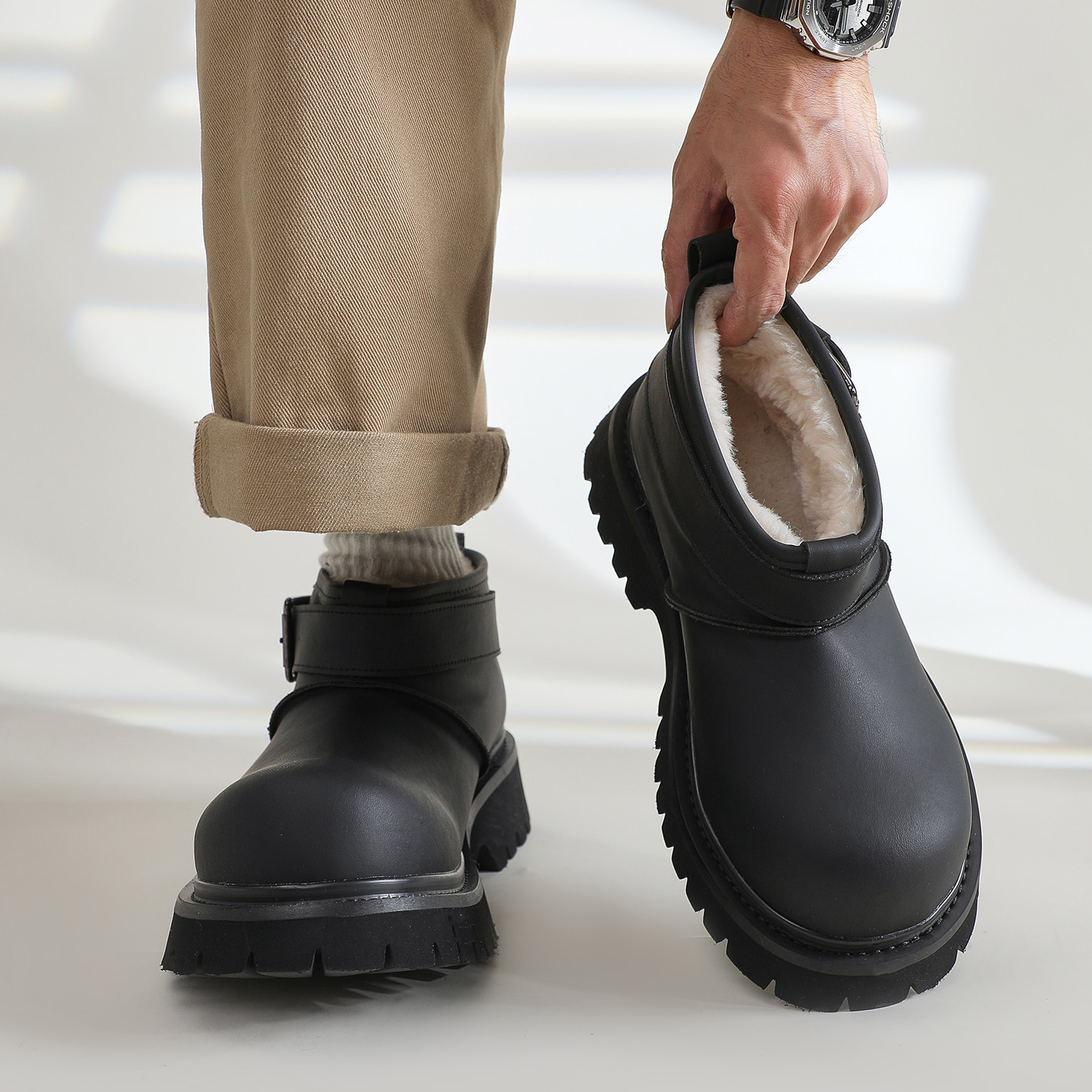 东北黑武士情侣雪地靴皮面冬季保暖棉鞋男加绒加厚零下40度短靴潮主图