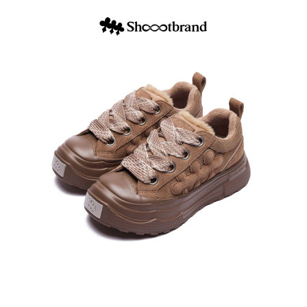 SHOOT BRAND重奏系列棕色毛绒板鞋 牛绒面革厚底增高保暖帆布鞋冬