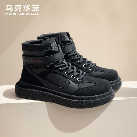 马克华菲男士马丁靴新款冬季高级黑色靴子男款增高休闲短靴工装靴